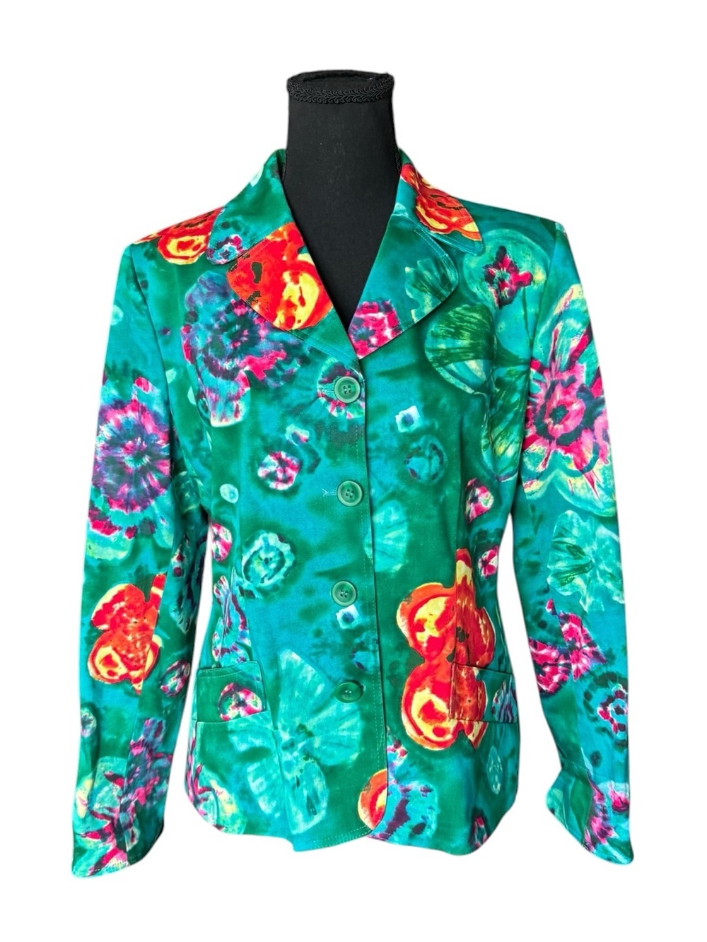 Harvé Benard Floral Blazer Jacket Size 10 Artsy Botanical Cotton Stretch Career